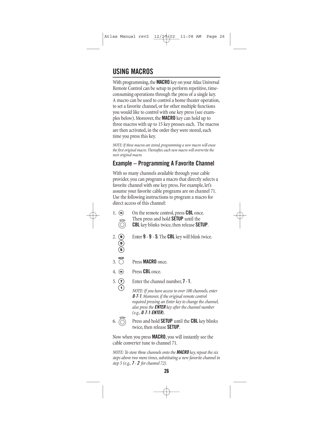 Universal Electronics CABLE 4 manual Using Macros, Example Programming a Favorite Channel 