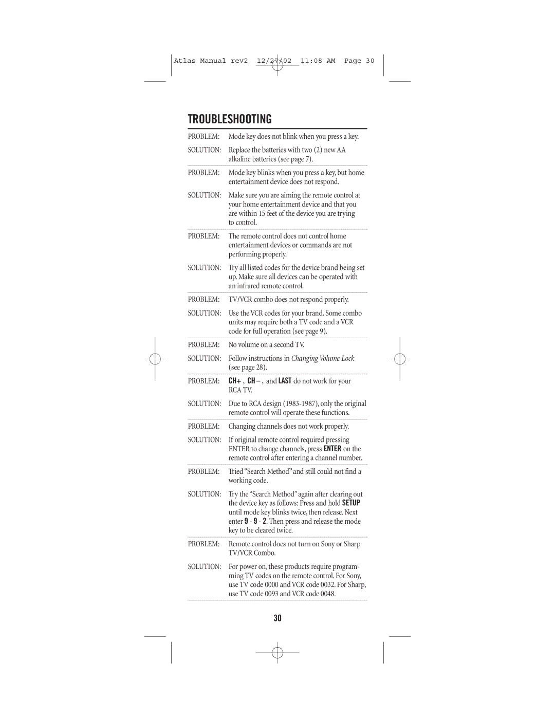 Universal Electronics CABLE 4 manual Troubleshooting, Problem, Solution 