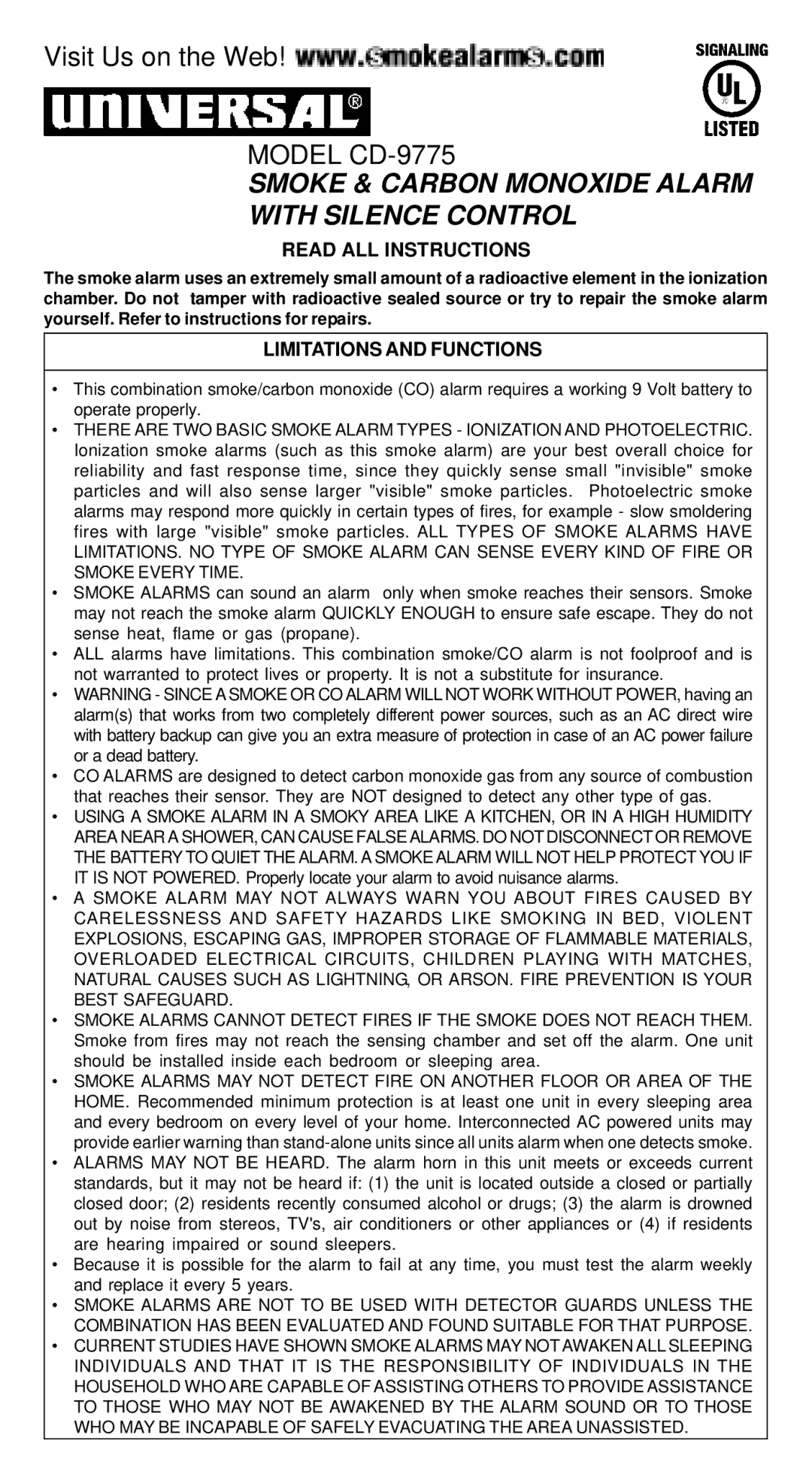 Universal Electronics CD-9775 manual Read ALL Instructions, Limitations and Functions 