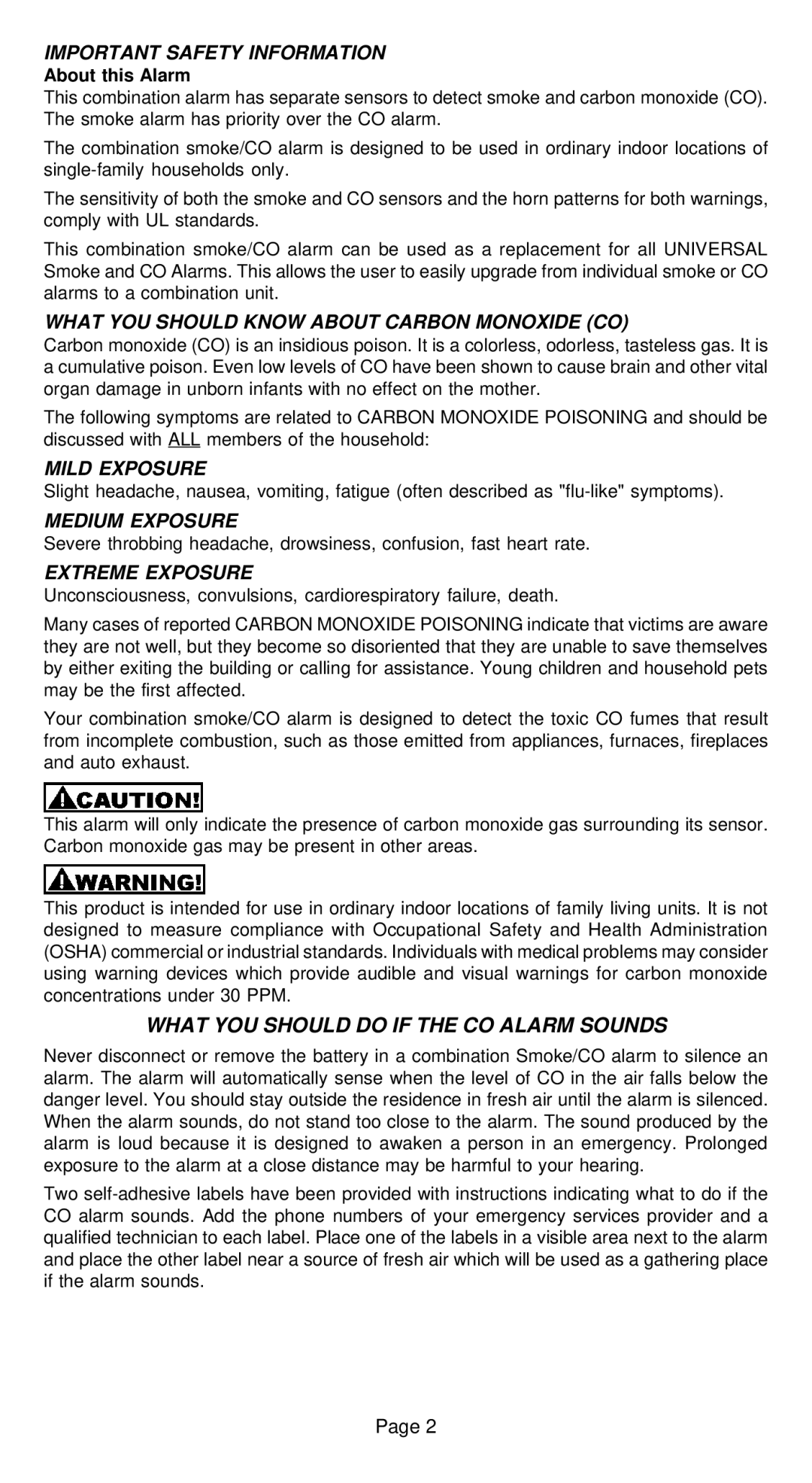 Universal Electronics CD-9775 Important Safety Information, What YOU should Know about Carbon Monoxide CO, Mild Exposure 