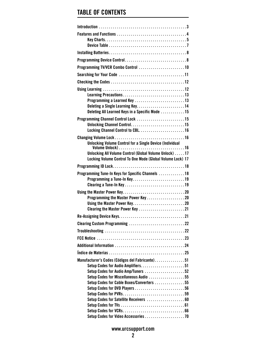 Universal Electronics DVR/PVR 5-Device, M11055BS manual Table of Contents 