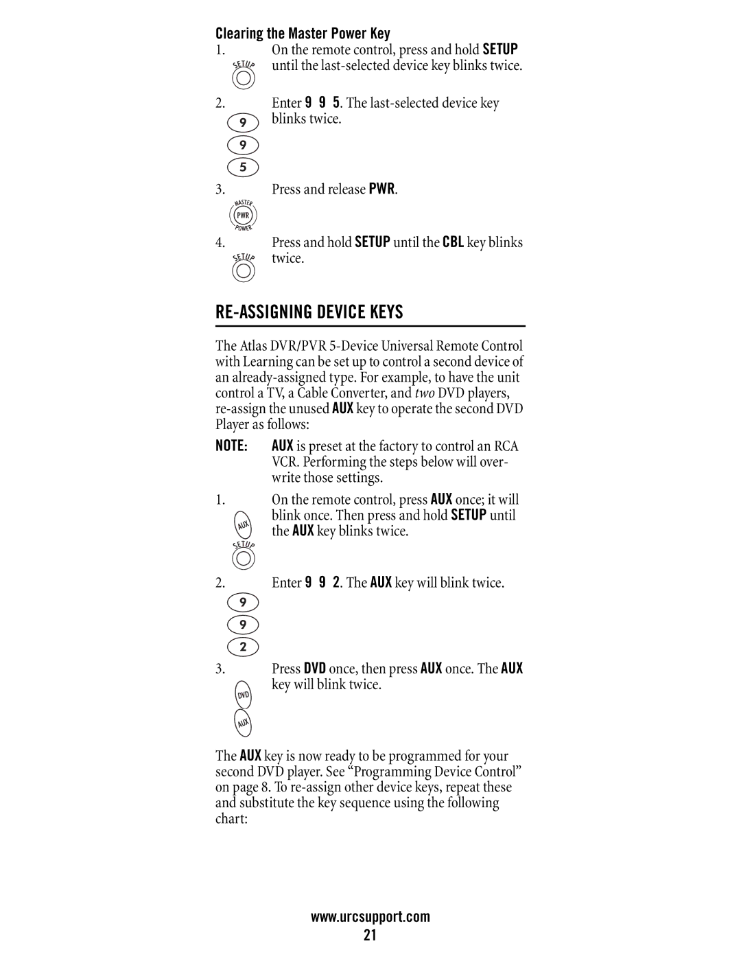 Universal Electronics DVR/PVR 5-Device manual RE-ASSIGNING Device Keys, Clearing the Master Power Key, Write those settings 