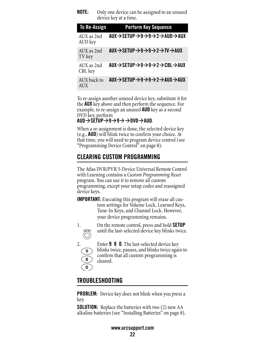 Universal Electronics M11055BS, DVR/PVR 5-Device manual Clearing Custom Programming, Troubleshooting 