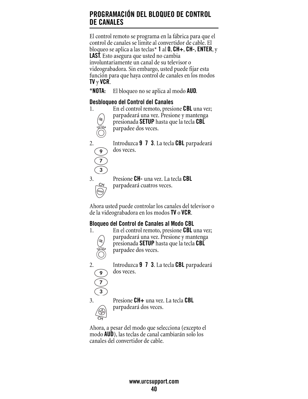 Universal Electronics M11055BS manual Desbloqueo del Control del Canales, Bloqueo del Control de Canales al Modo CBL 