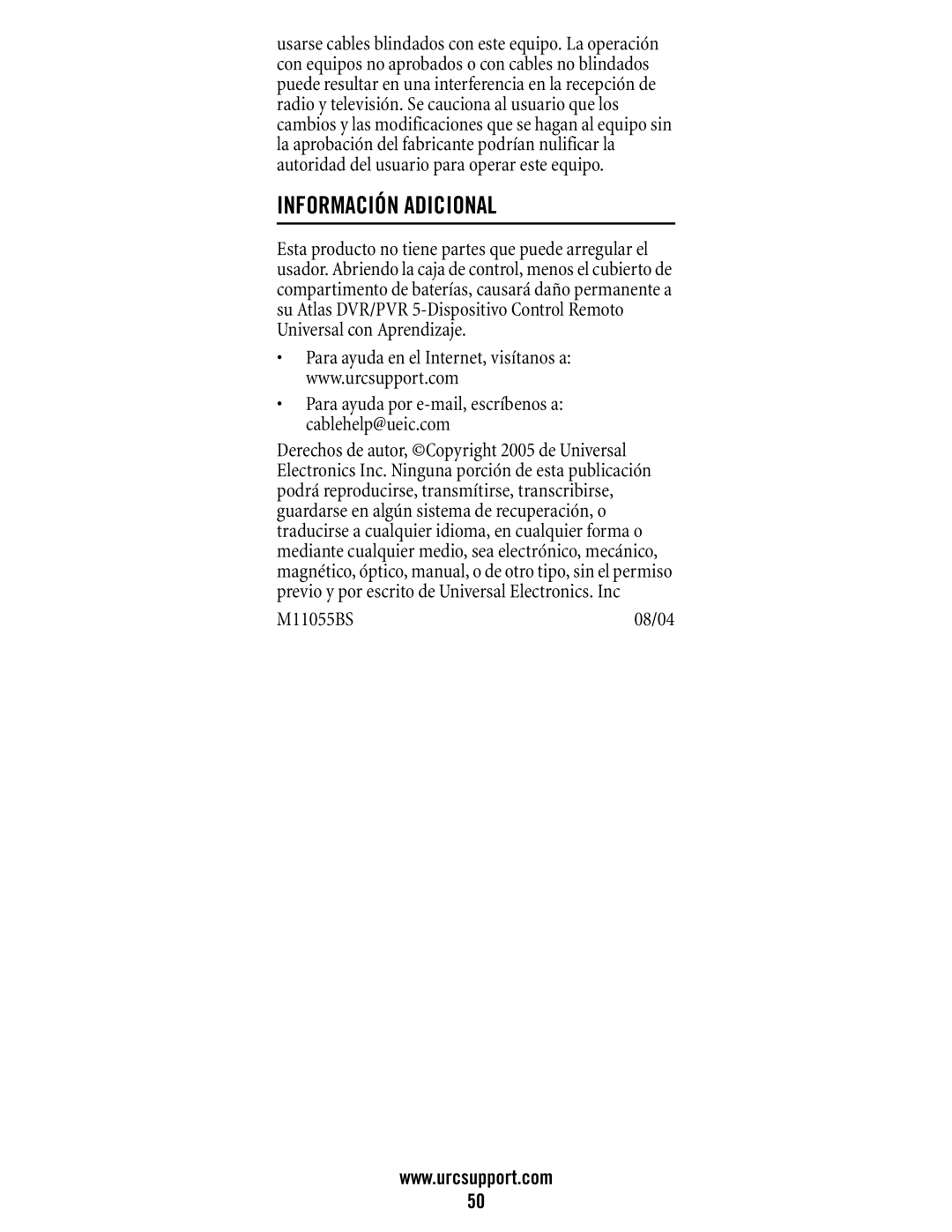 Universal Electronics DVR/PVR 5-Device manual Información Adicional, M11055BS 08/04 