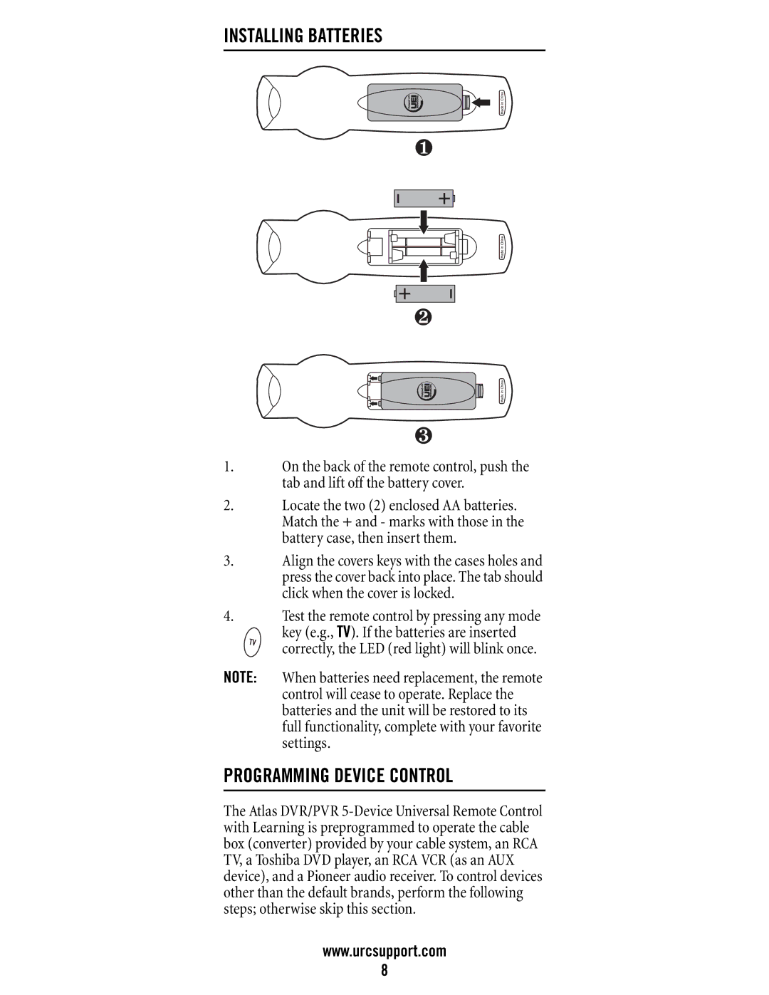 Universal Electronics DVR/PVR 5-Device, M11055BS manual Installing Batteries, Programming Device Control 