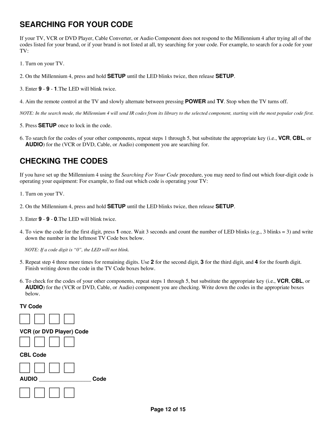 Universal Electronics Millennium 4 manual Searching for Your Code, Checking the Codes 