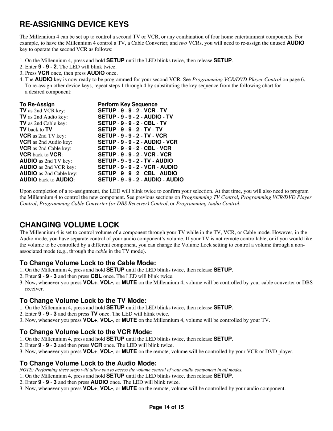 Universal Electronics Millennium 4 manual RE-ASSIGNING Device Keys, Changing Volume Lock 