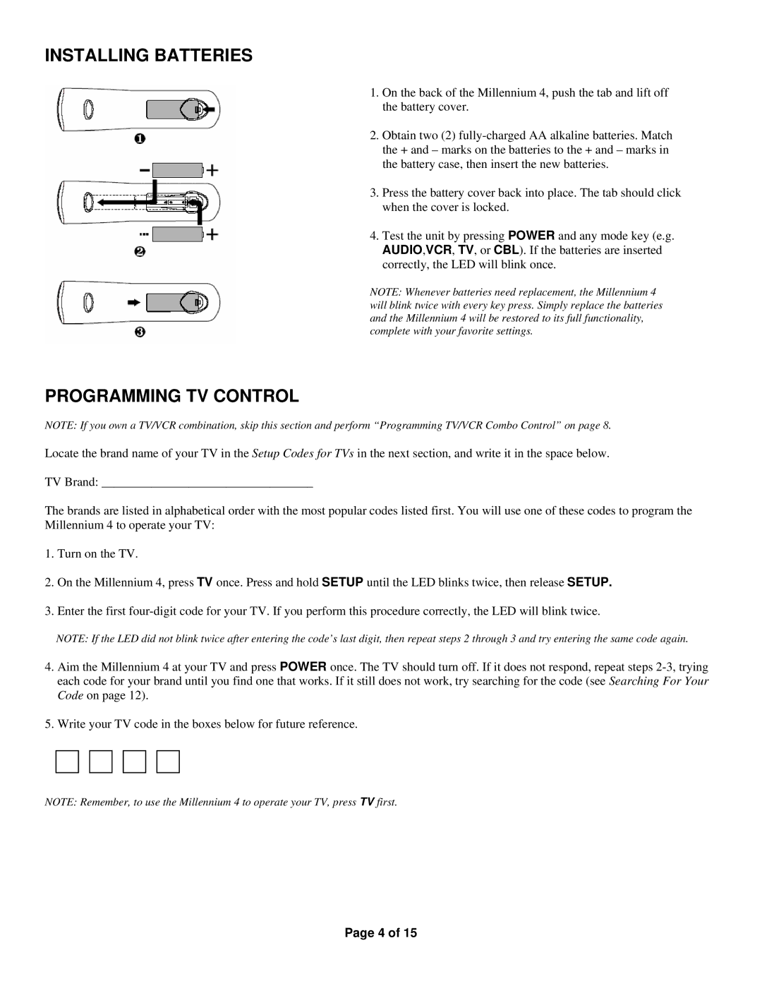 Universal Electronics Millennium 4 manual Installing Batteries, Programming TV Control 