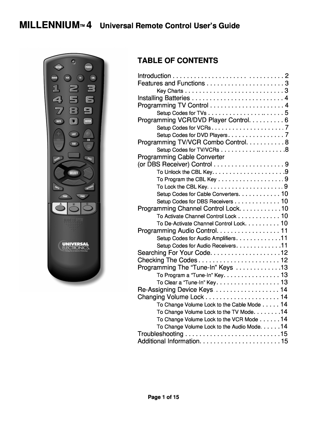 Universal Electronics Millennium 4 manual MILLENNIUM 4 Universal Remote Control User’s Guide TABLE OF CONTENTS 