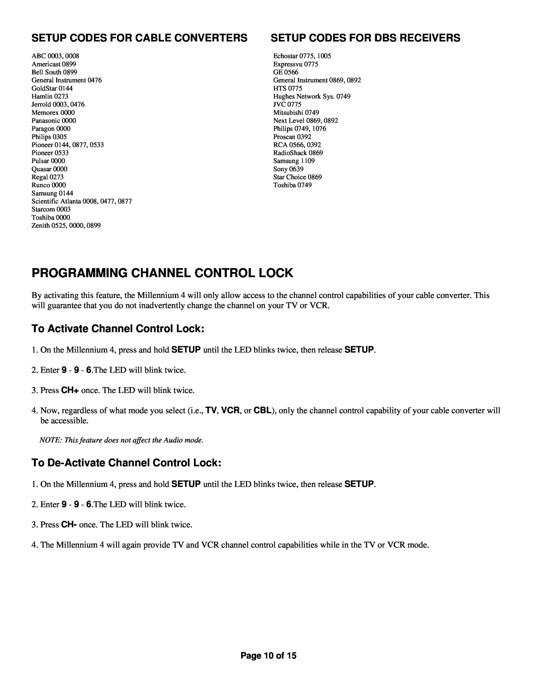 Universal Electronics Millennium 4 manual Programming Channel Control Lock, Setup Codes For Cable Converters, Page 10 of 