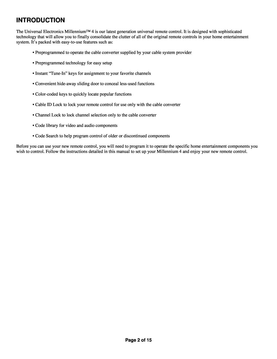 Universal Electronics Millennium 4 manual Introduction, Page 2 of 