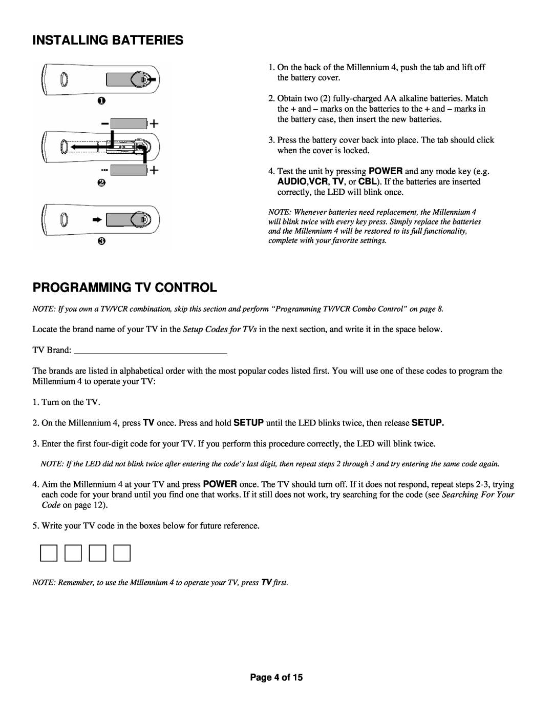 Universal Electronics Millennium 4 manual Installing Batteries, Programming Tv Control, Page 4 of 