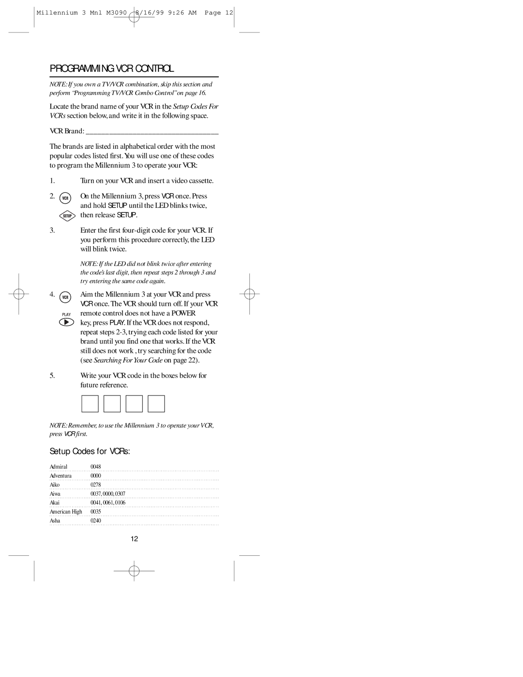 Universal Electronics MILLENNIUMTM 3 manual Programming VCR Control, Setup Codes for VCRs 