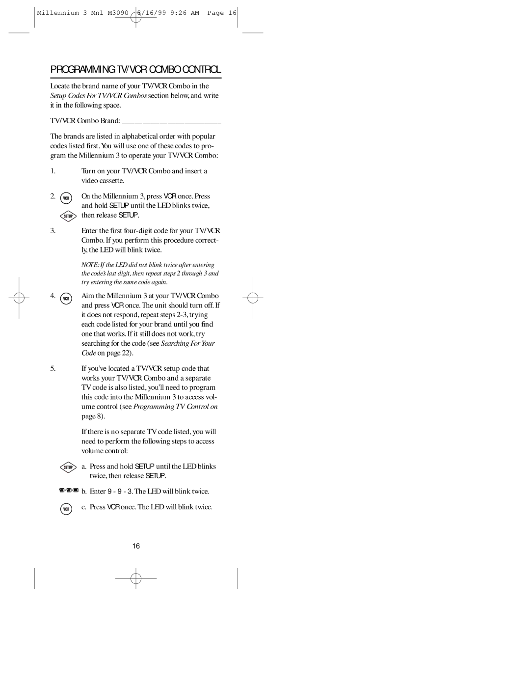 Universal Electronics MILLENNIUMTM 3 manual Programming TV/VCR Combo Control 