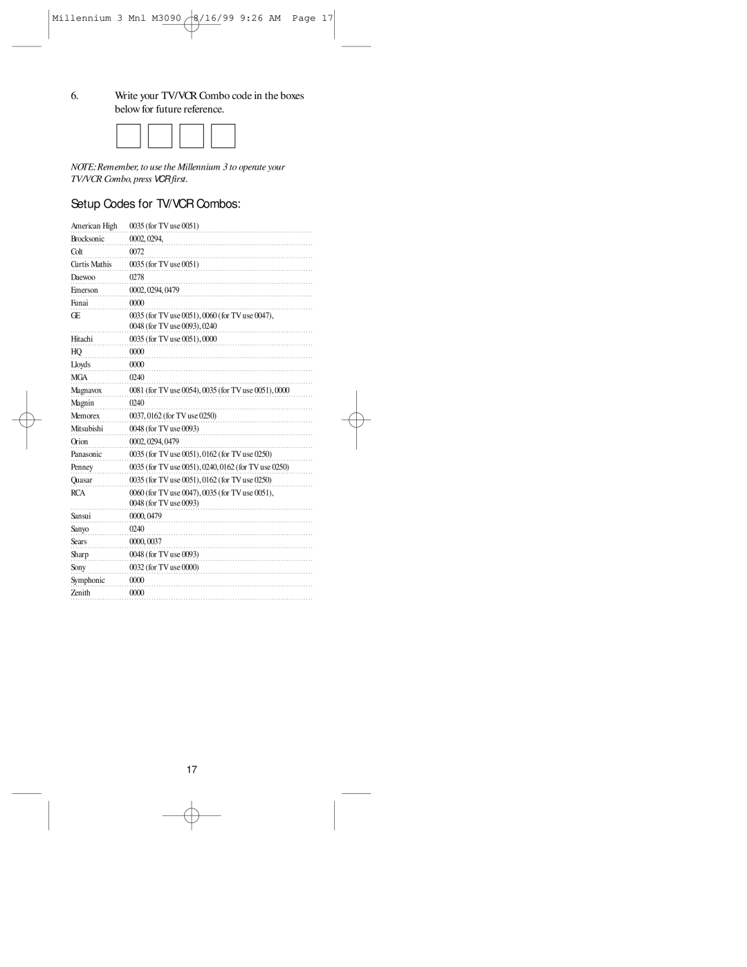 Universal Electronics MILLENNIUMTM 3 manual Setup Codes for TV/VCR Combos, Mga 