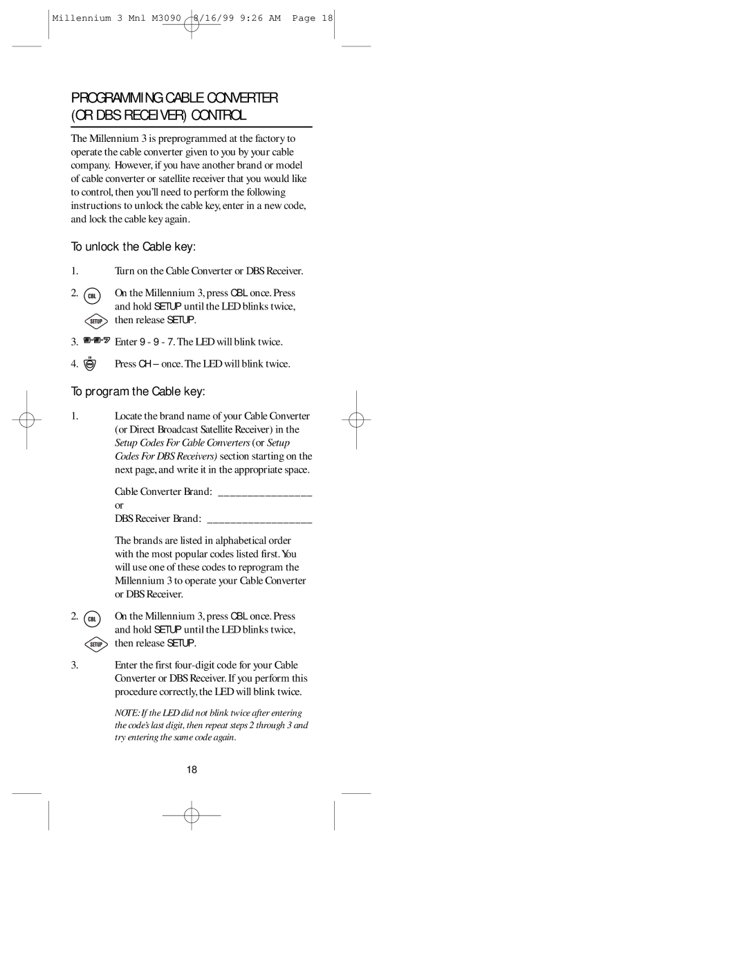 Universal Electronics MILLENNIUMTM 3 manual To unlock the Cable key, To program the Cable key 