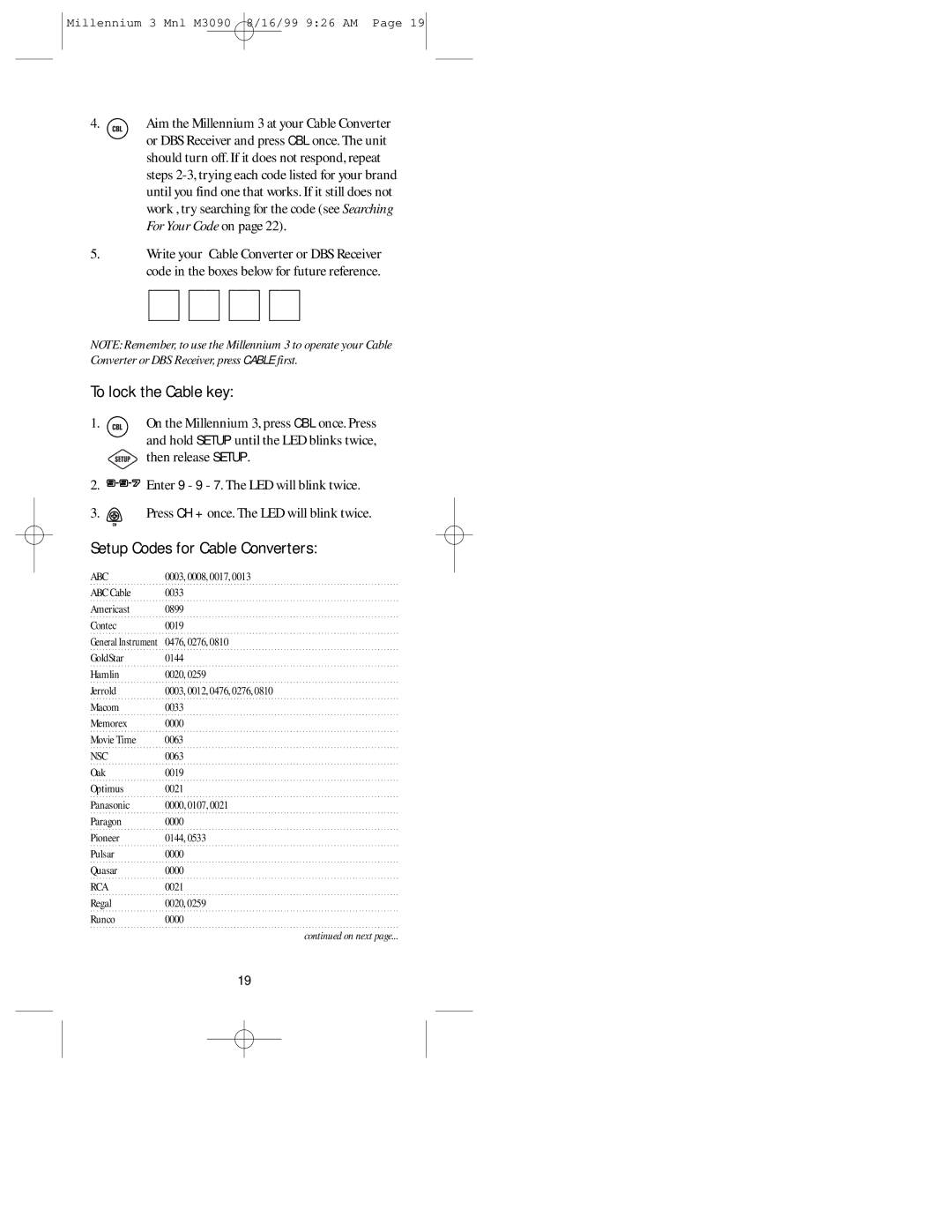 Universal Electronics MILLENNIUMTM 3 manual To lock the Cable key, Setup Codes for Cable Converters, Abc, Nsc 