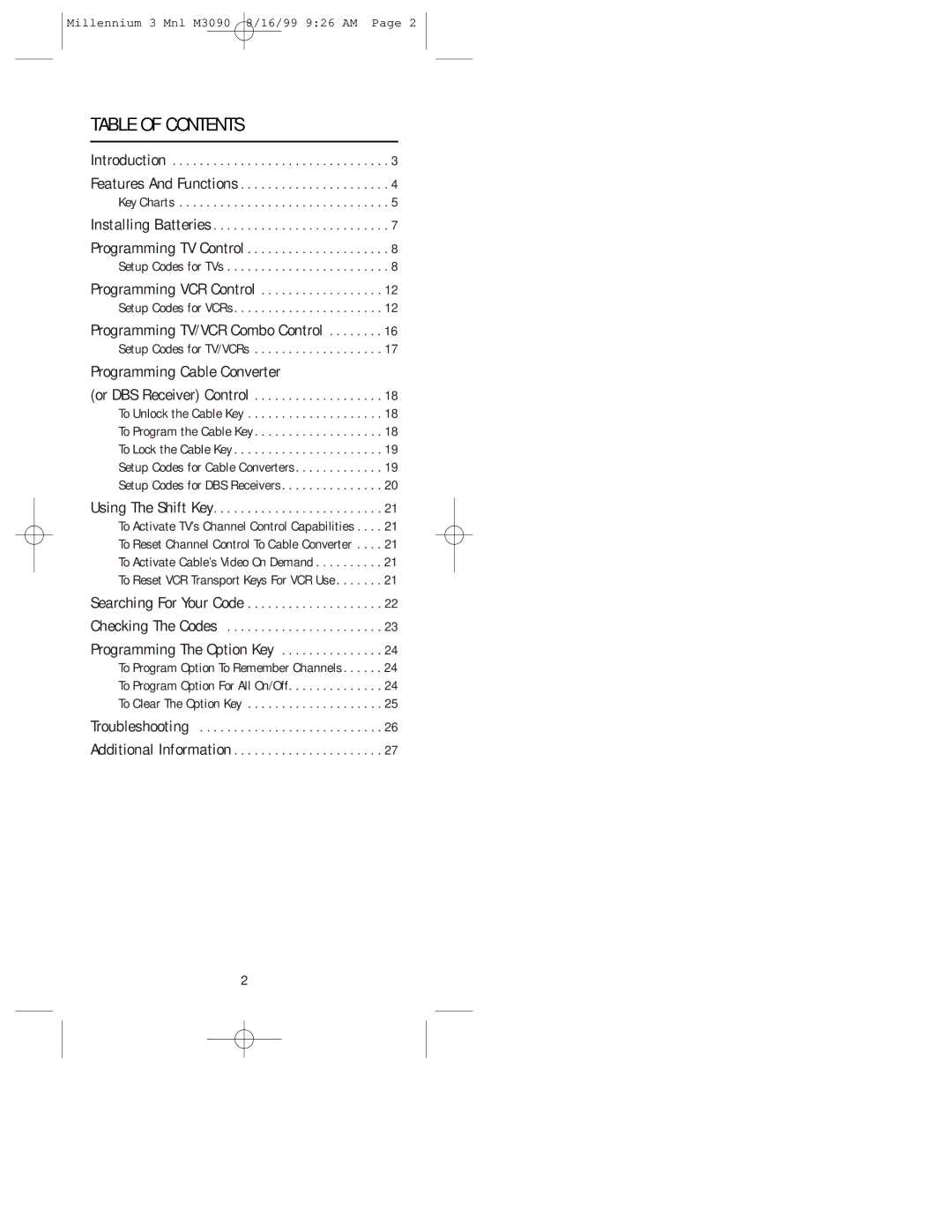 Universal Electronics MILLENNIUMTM 3 manual Table of Contents 