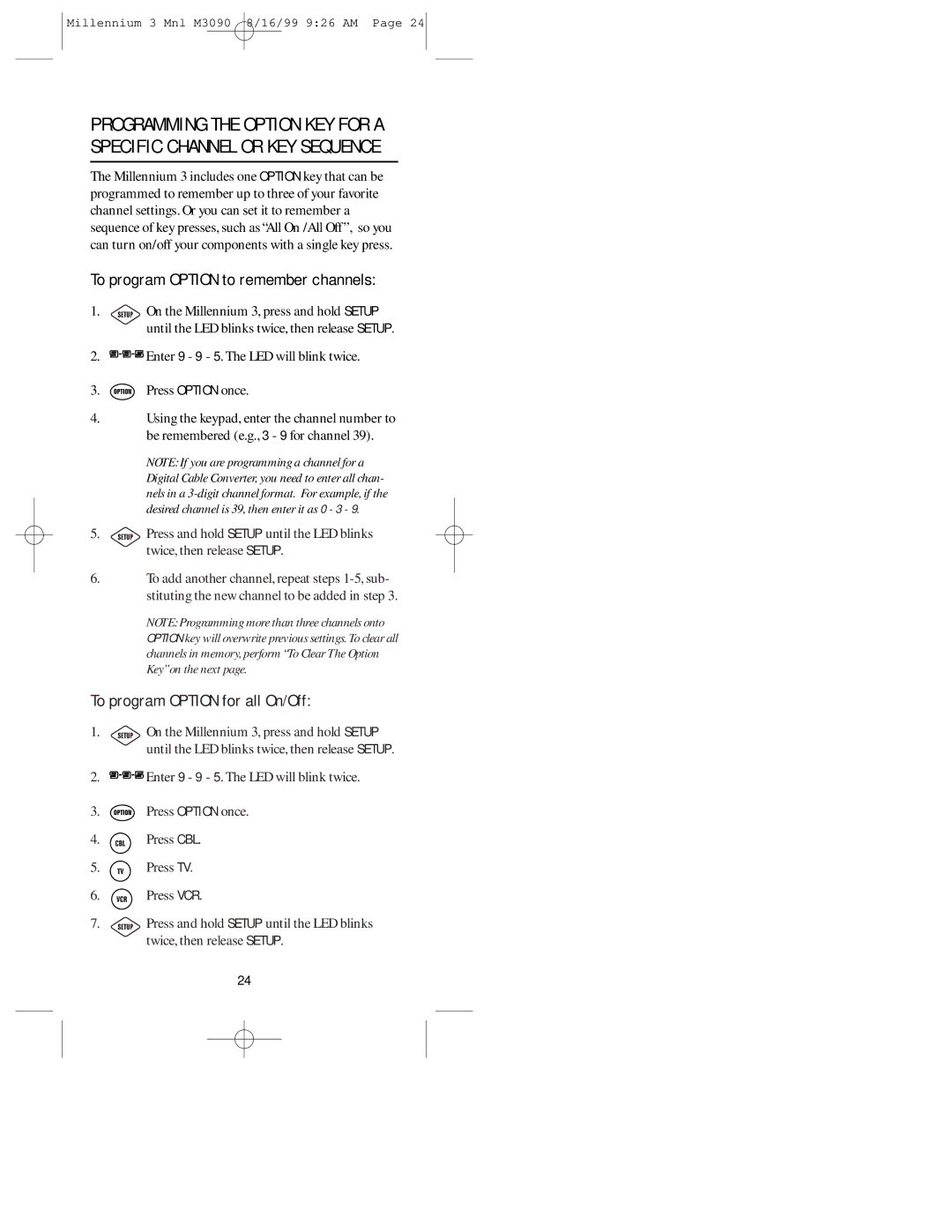 Universal Electronics MILLENNIUMTM 3 manual To program Option to remember channels, To program Option for all On/Off 