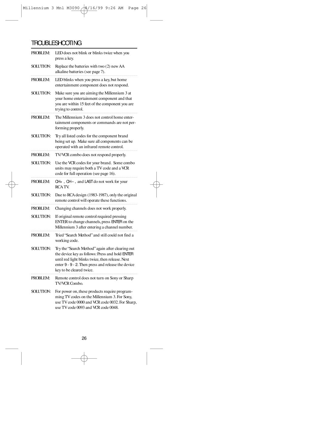 Universal Electronics MILLENNIUMTM 3 manual Troubleshooting, Problem, Solution 