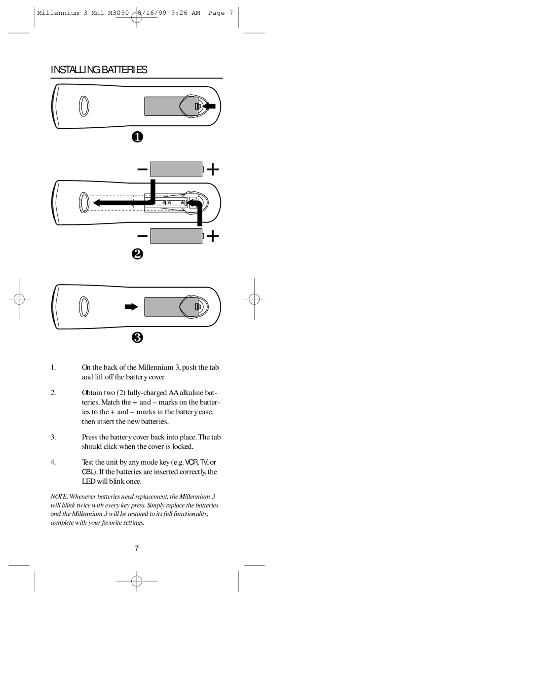 Universal Electronics MILLENNIUMTM 3 manual Installing Batteries 