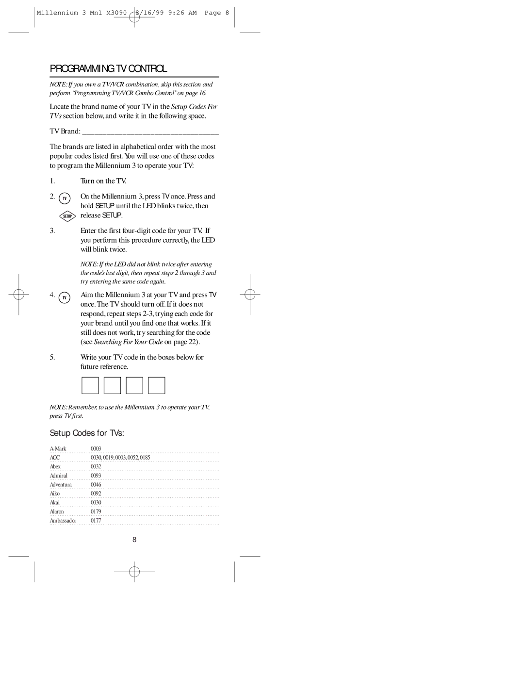 Universal Electronics MILLENNIUMTM 3 manual Programming TV Control, Setup Codes for TVs, Aoc 