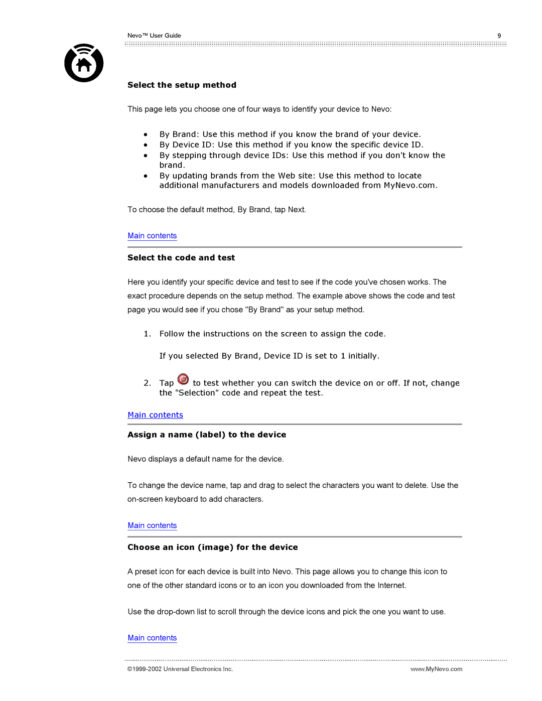 Universal Electronics Nevo user manual Select the setup method, Select the code and test, Assign a name label to the device 