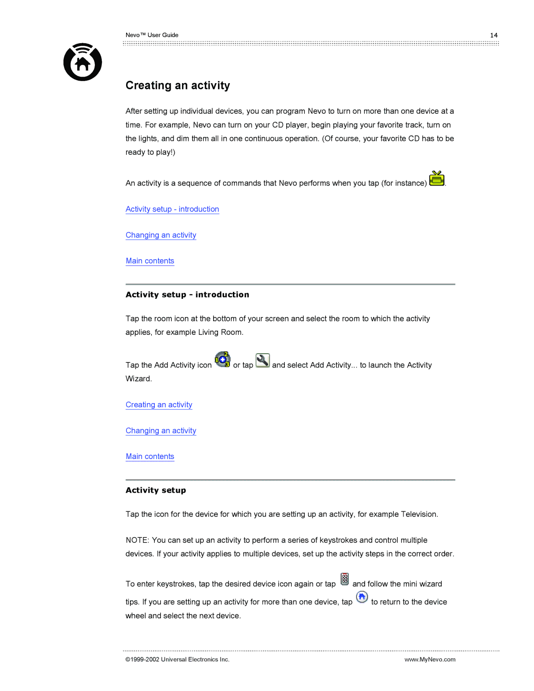 Universal Electronics Nevo user manual Creating an activity, Activity setup introduction 