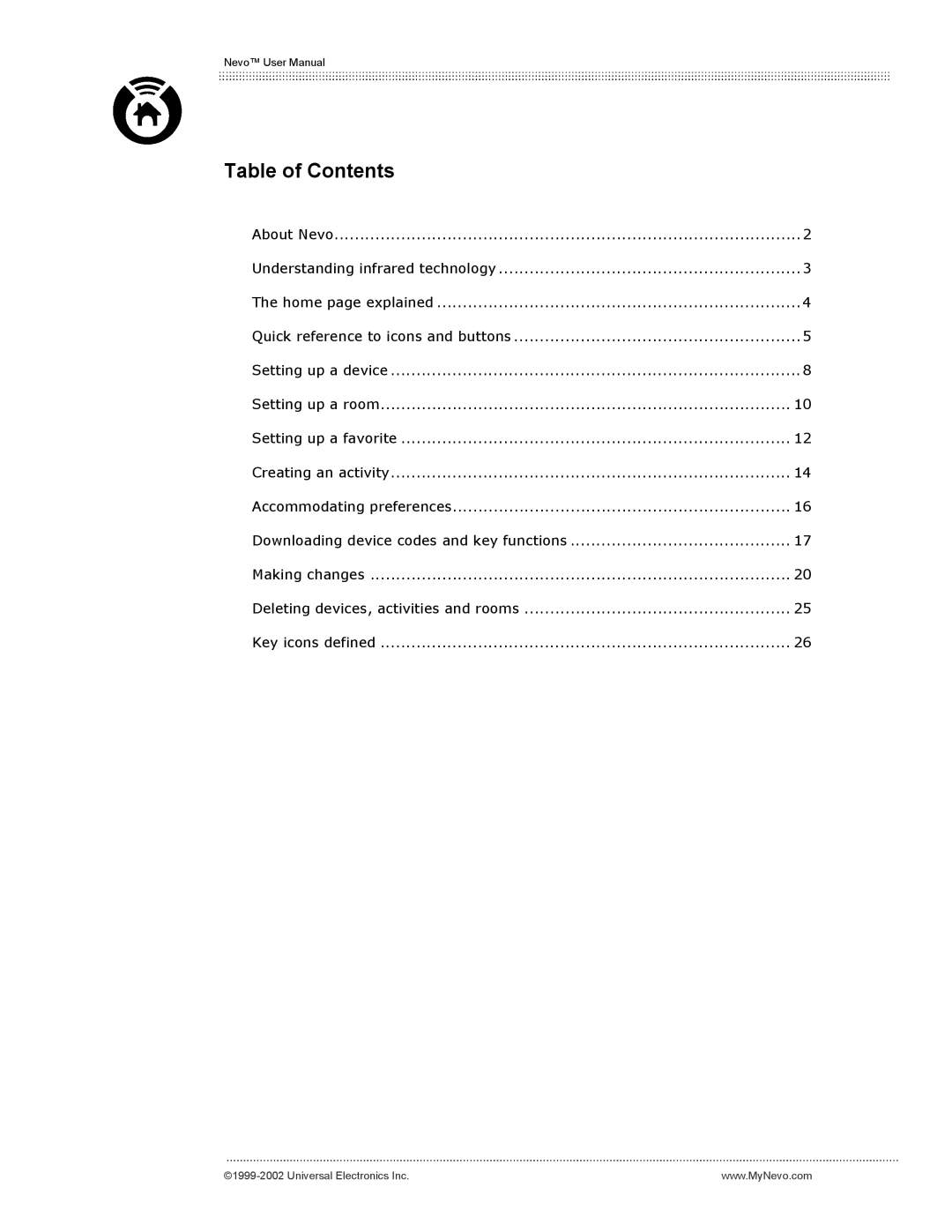 Universal Electronics Nevo user manual Table of Contents 