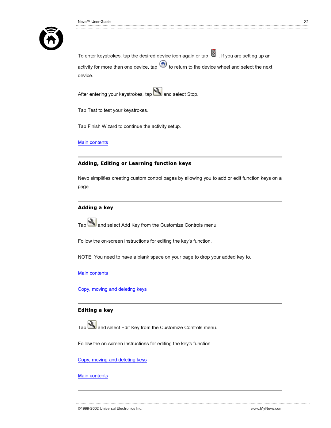 Universal Electronics Nevo user manual Adding, Editing or Learning function keys, Adding a key, Editing a key 