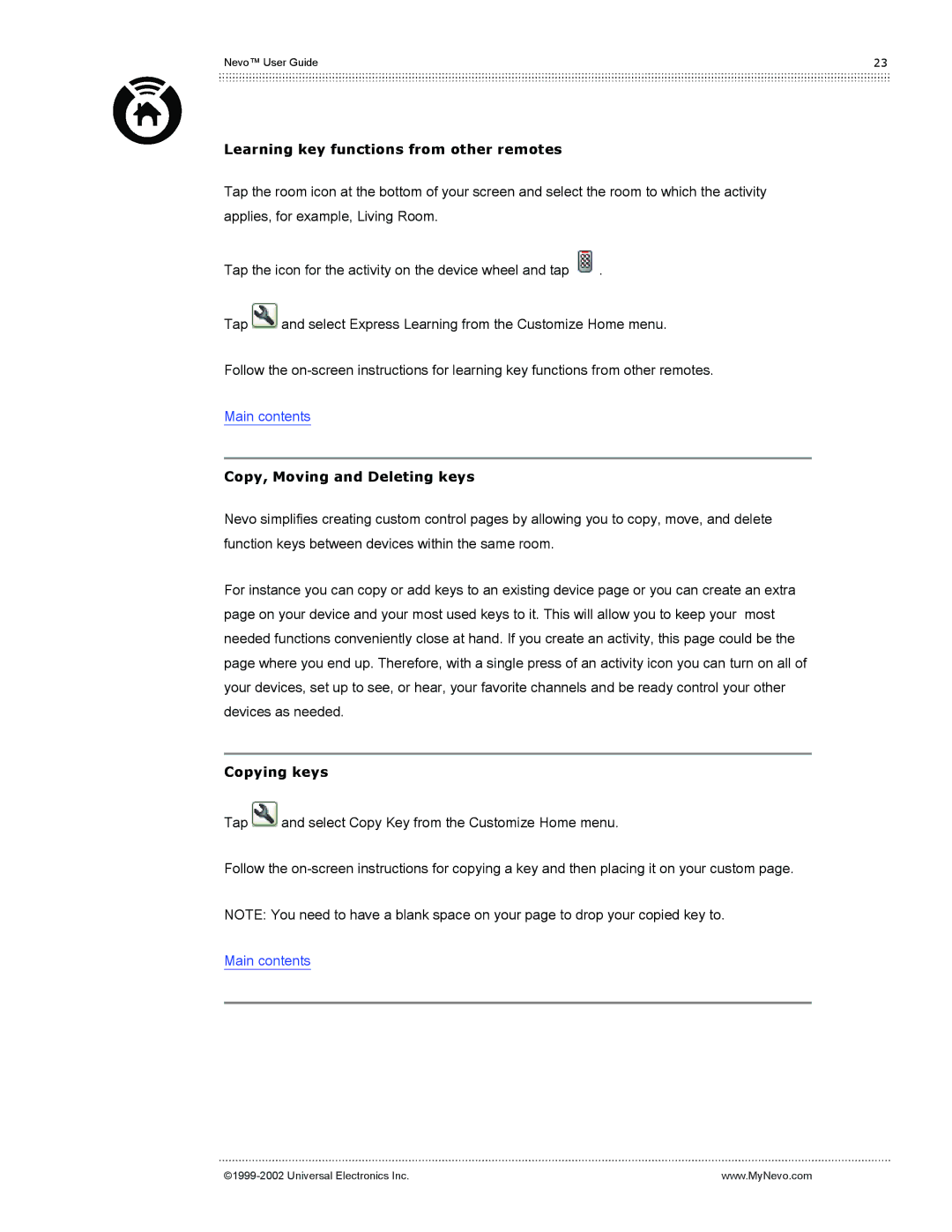 Universal Electronics Nevo Learning key functions from other remotes, Copy, Moving and Deleting keys, Copying keys 