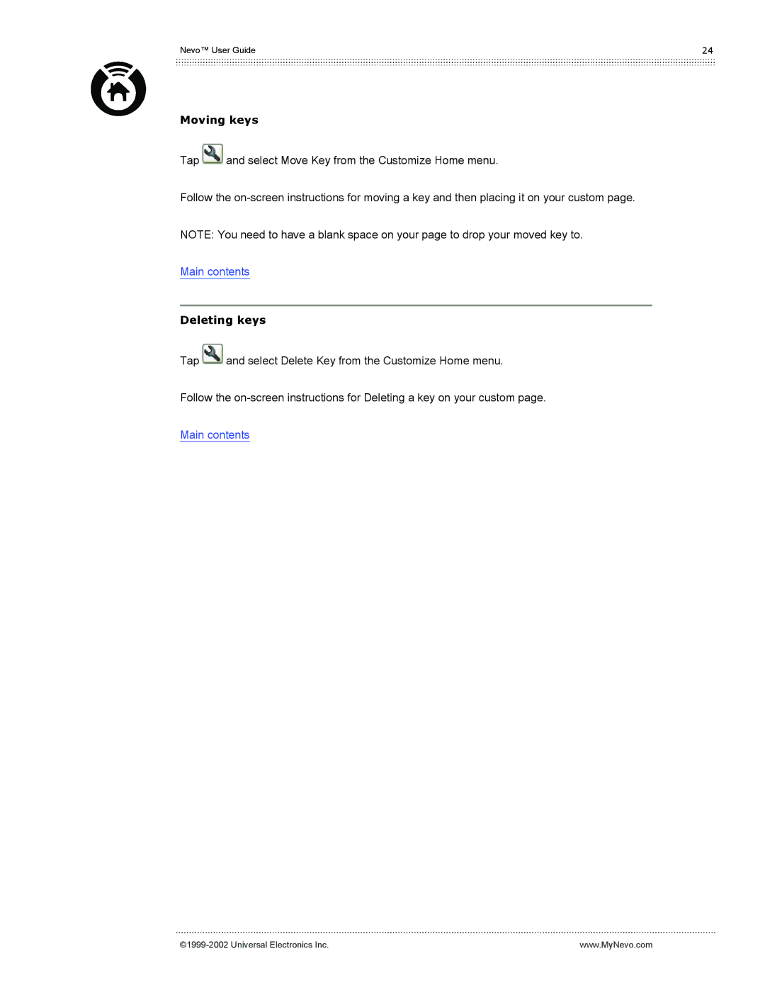 Universal Electronics Nevo user manual Moving keys, Deleting keys 