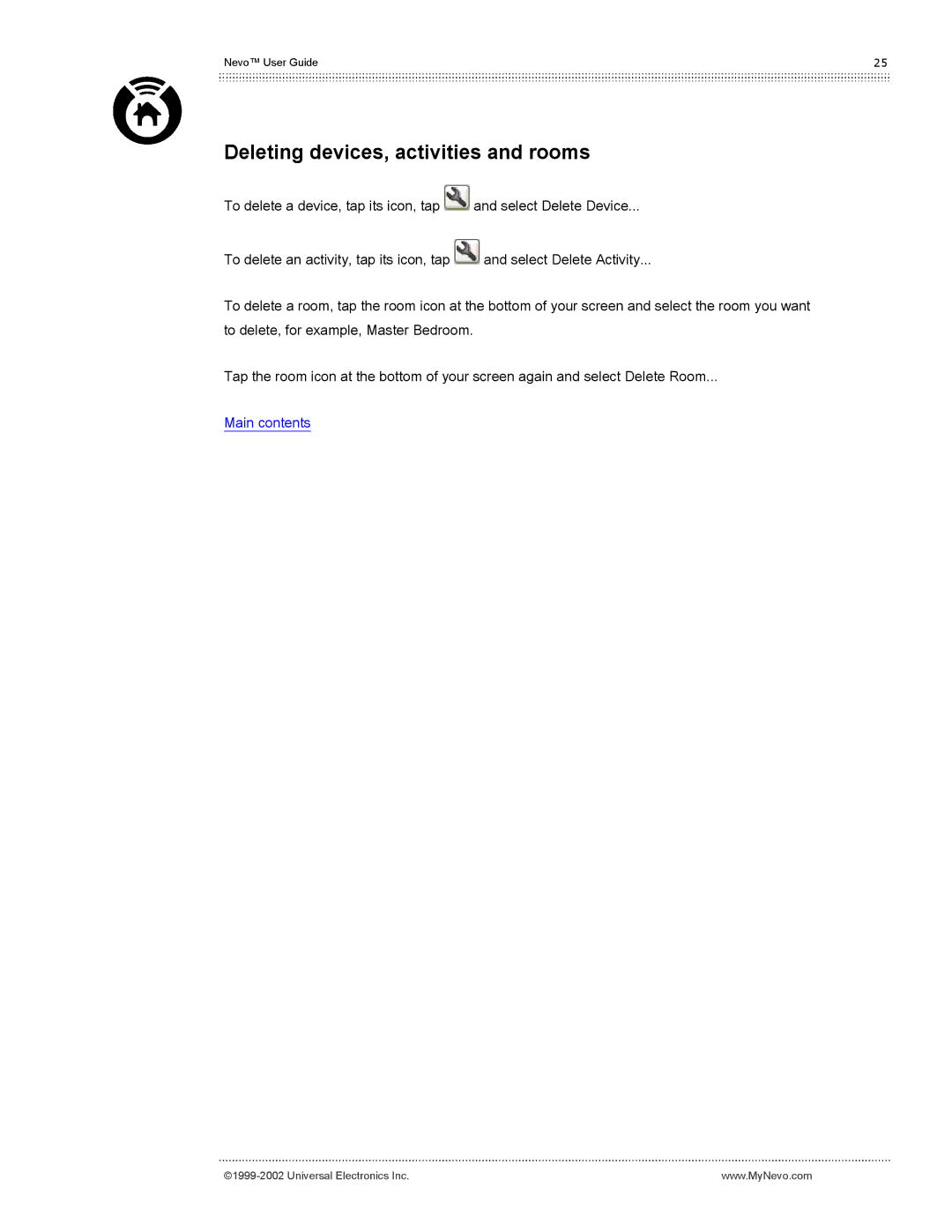 Universal Electronics Nevo user manual Deleting devices, activities and rooms 