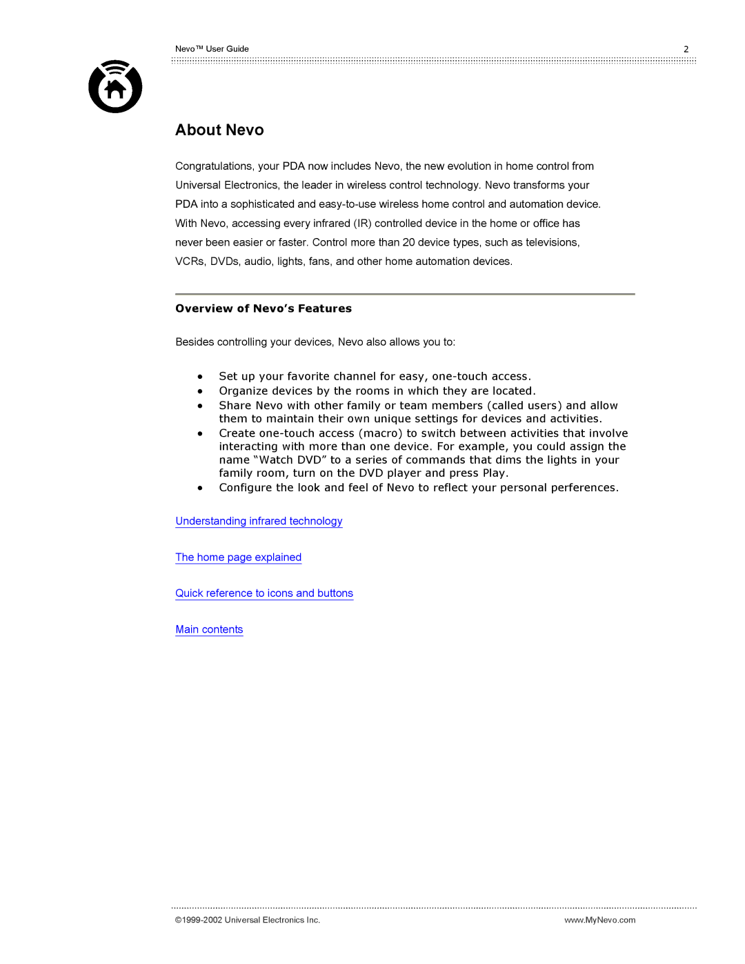 Universal Electronics user manual About Nevo, Overview of Nevo’s Features 