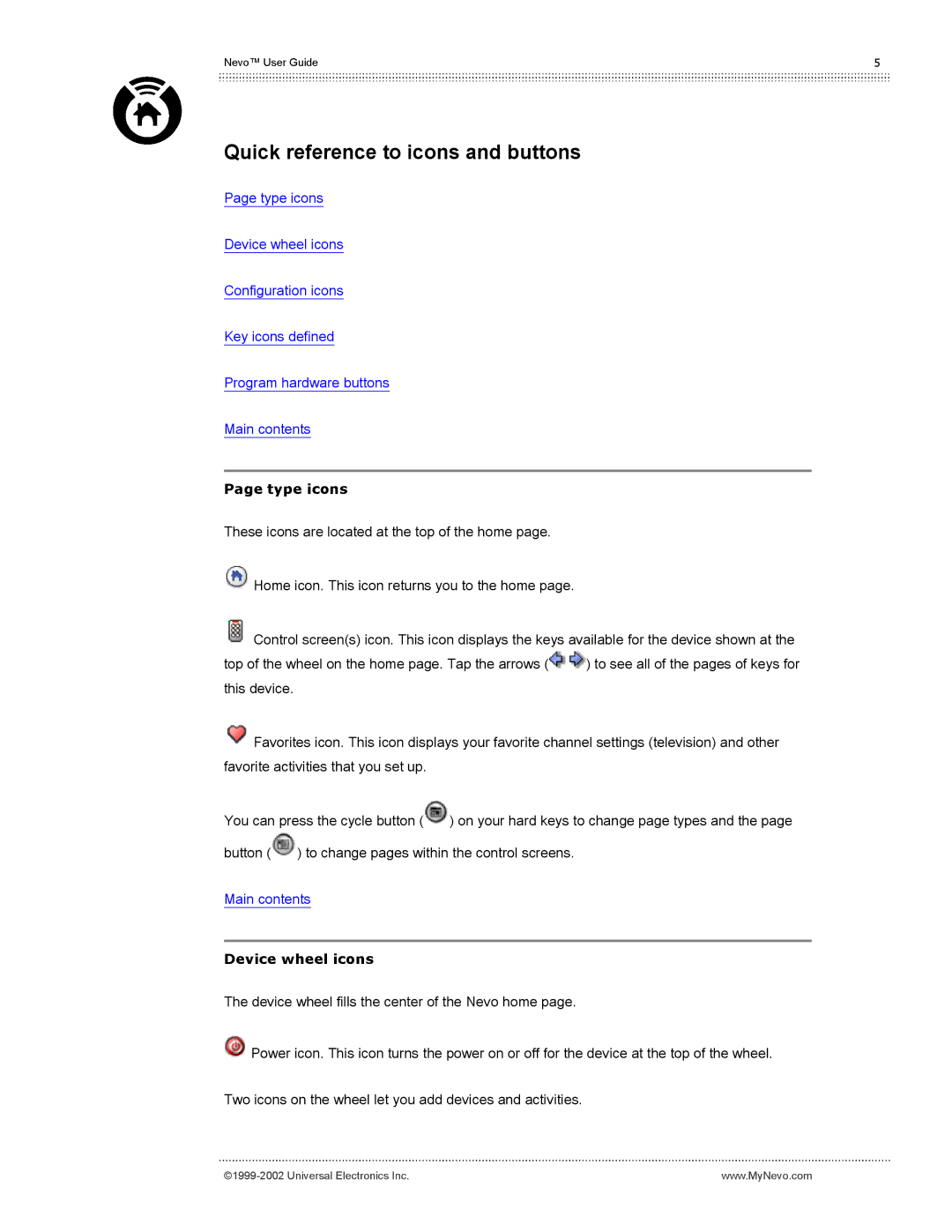 Universal Electronics Nevo user manual Quick reference to icons and buttons, Type icons, Device wheel icons 