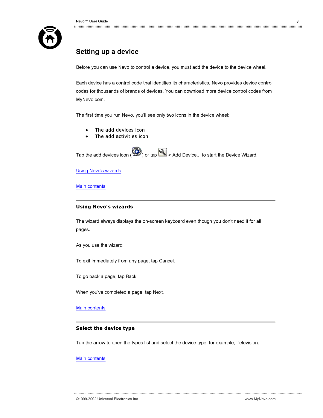 Universal Electronics user manual Setting up a device, Using Nevos wizards, Select the device type 