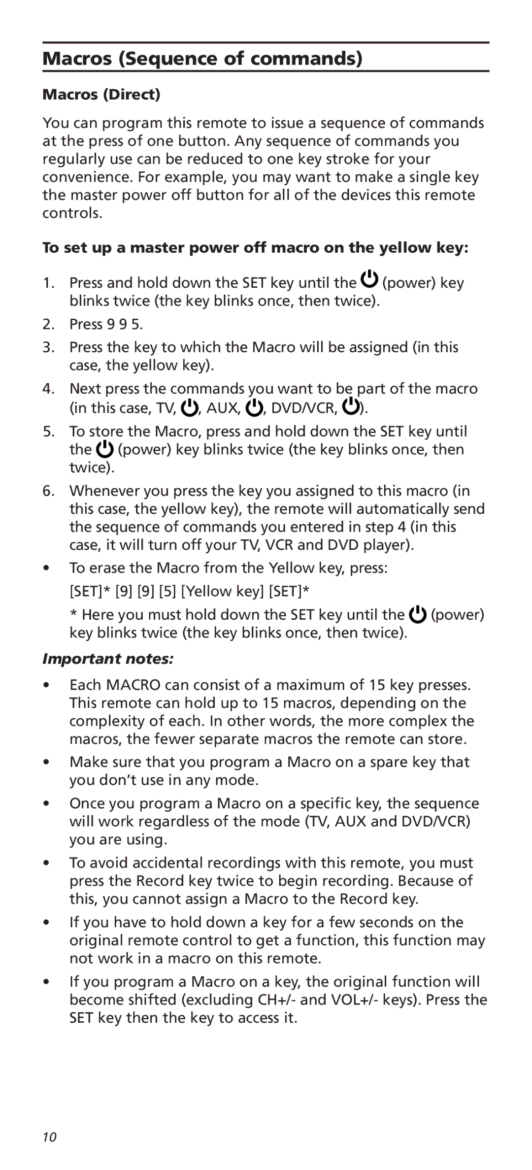 Universal Electronics OARC05G warranty Macros Sequence of commands, Macros Direct 