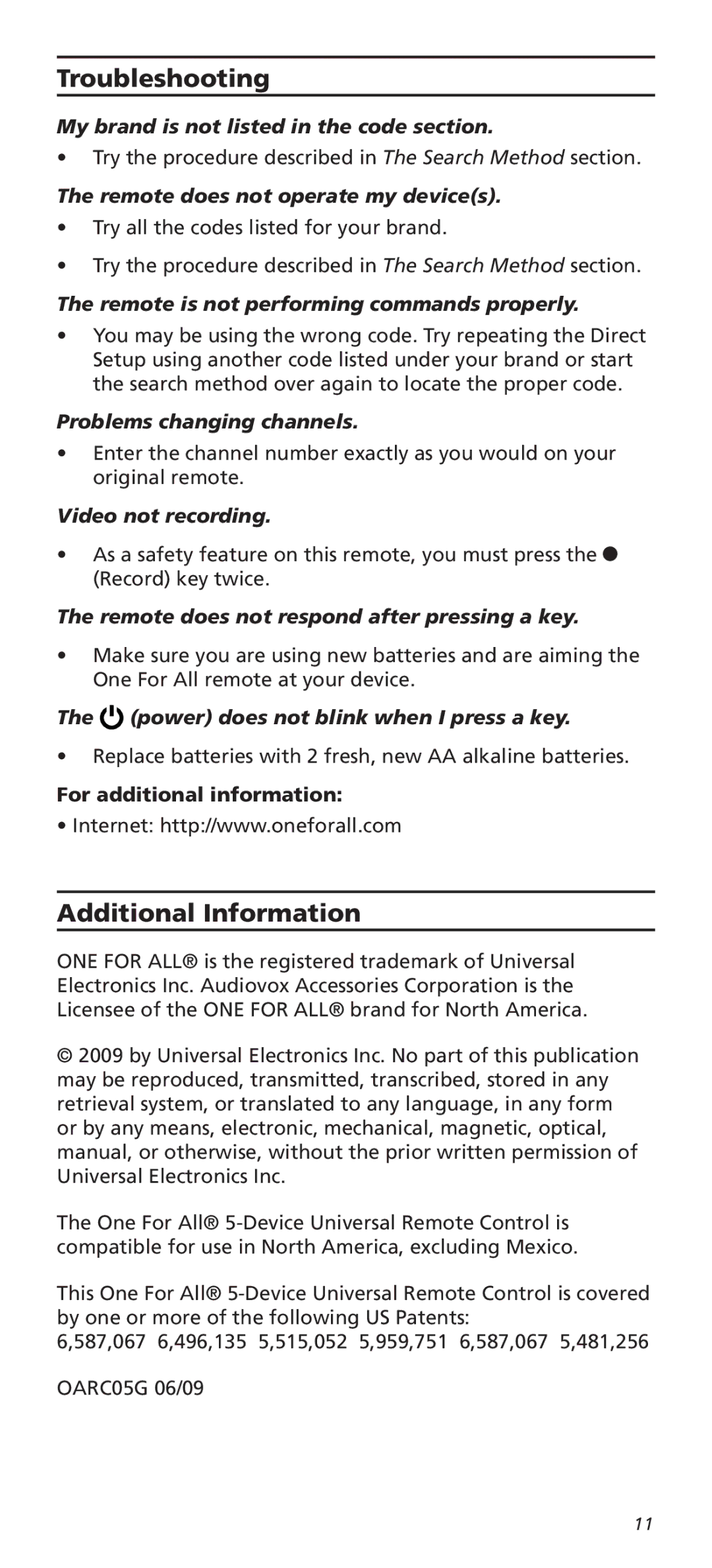 Universal Electronics OARC05G warranty Troubleshooting, Additional Information, For additional information 