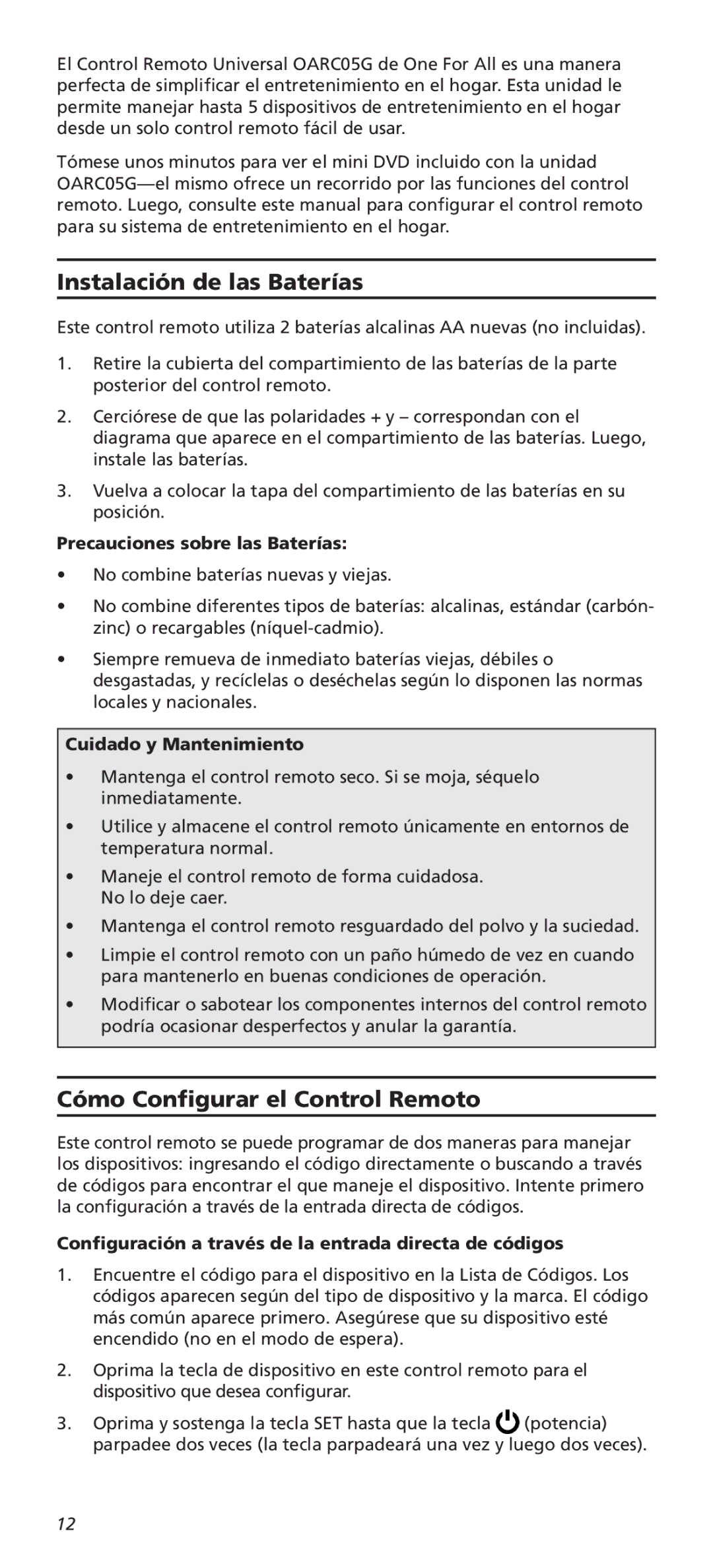 Universal Electronics OARC05G Instalación de las Baterías, Cómo Configurar el Control Remoto, Cuidado y Mantenimiento 