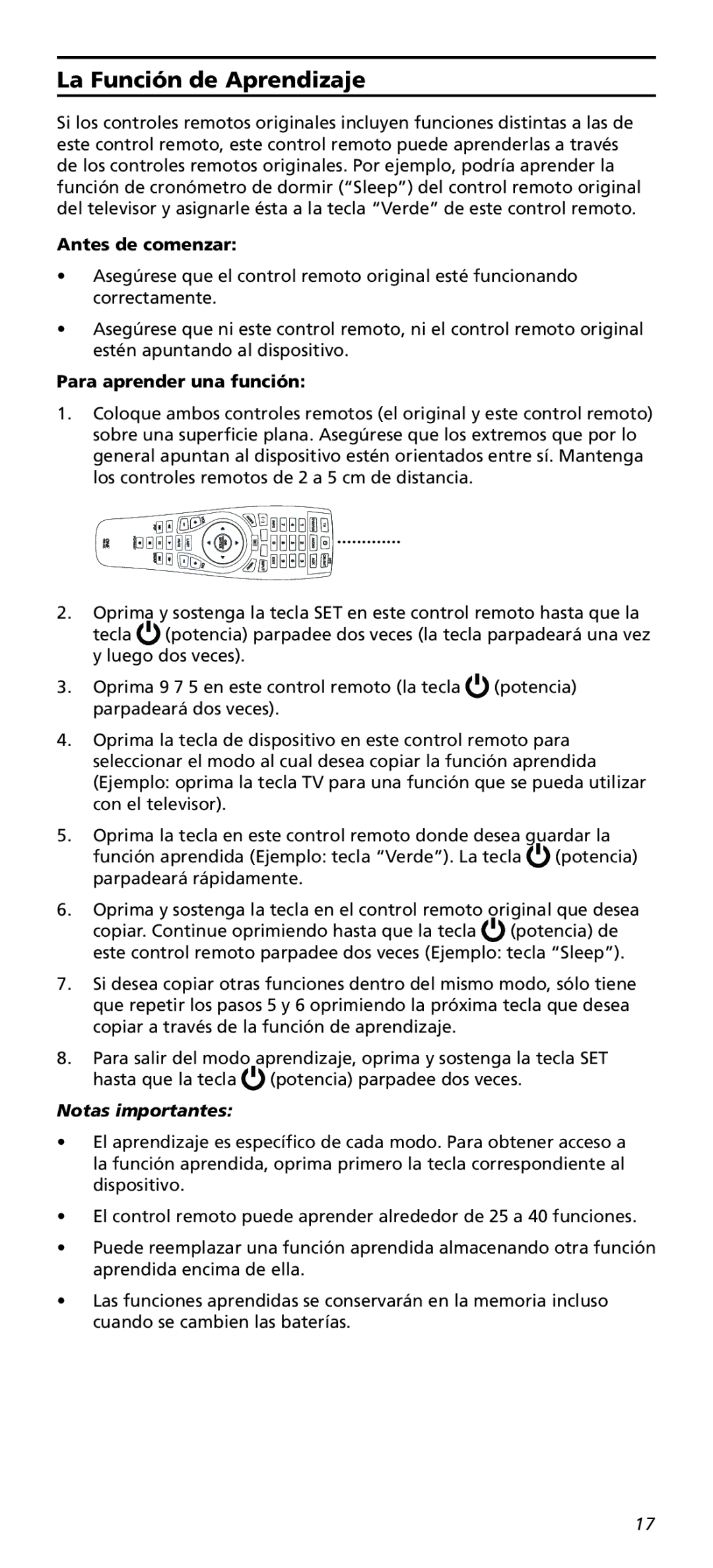 Universal Electronics OARC05G warranty La Función de Aprendizaje, Antes de comenzar, Para aprender una función 