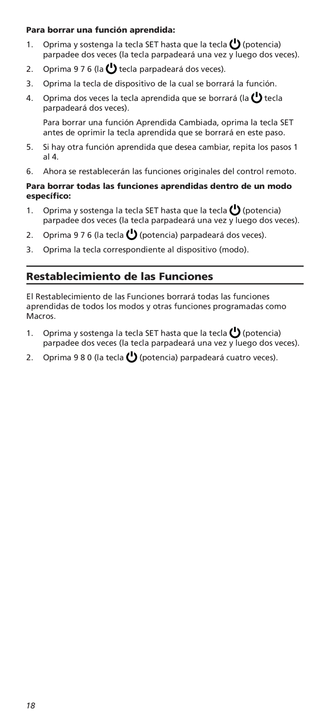 Universal Electronics OARC05G warranty Restablecimiento de las Funciones, Para borrar una función aprendida 