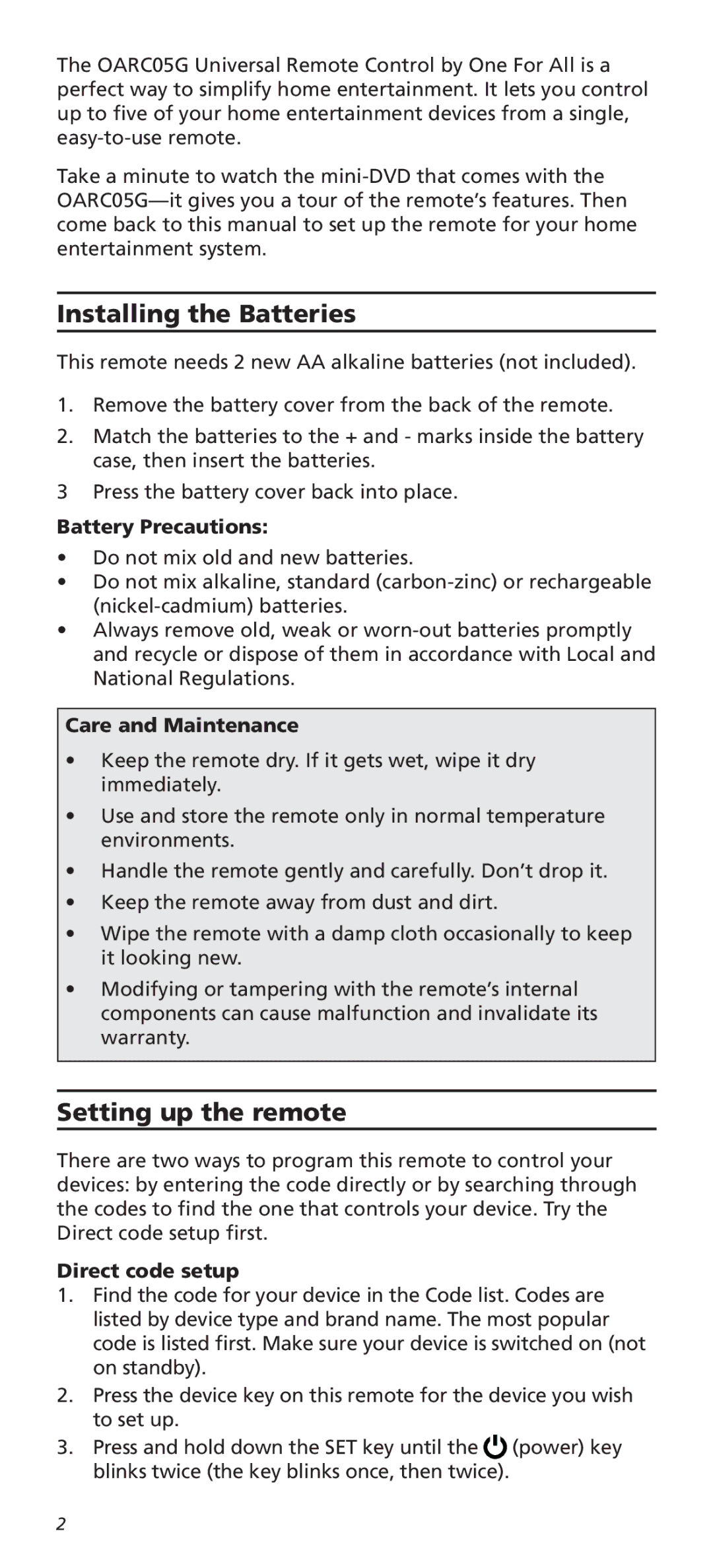 Universal Electronics OARC05G Installing the Batteries, Setting up the remote, Battery Precautions, Care and Maintenance 