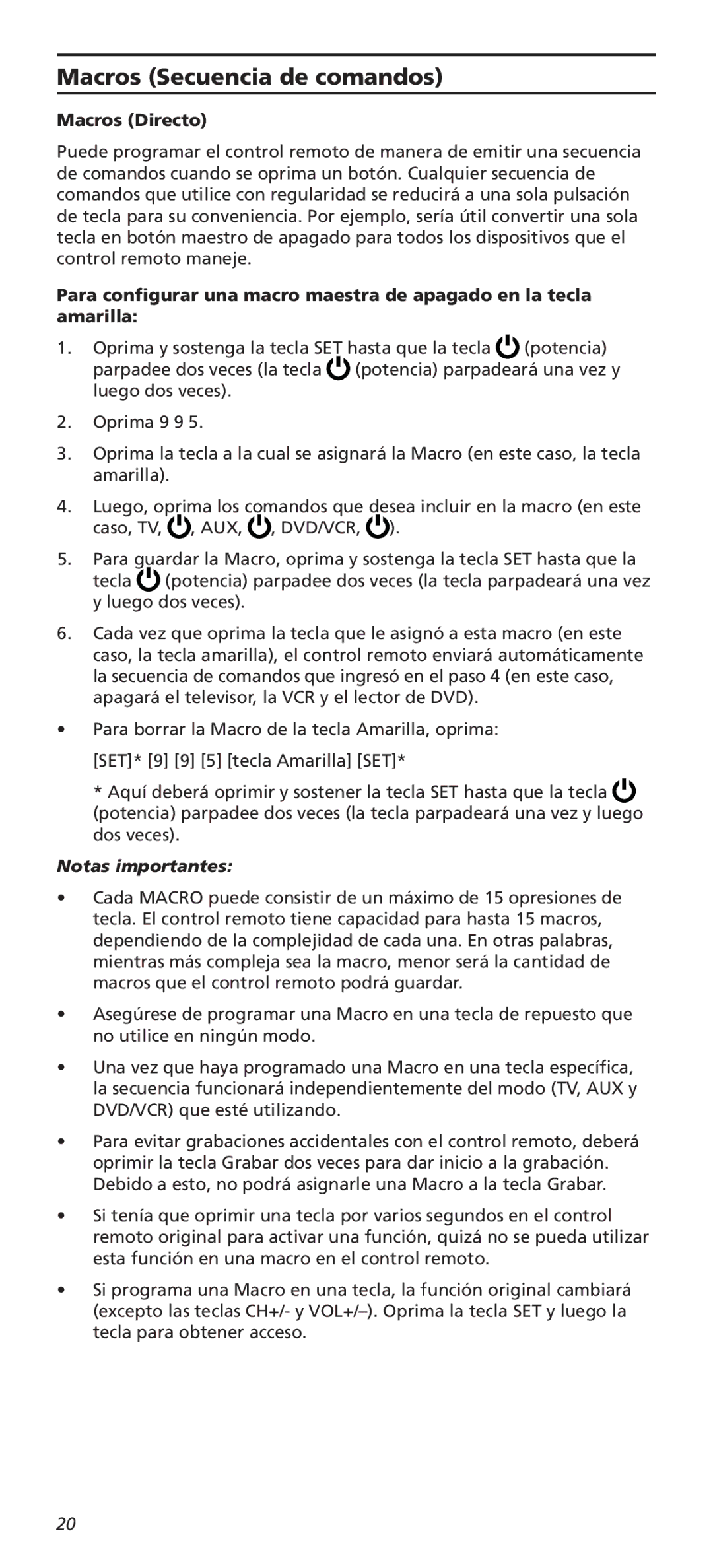 Universal Electronics OARC05G warranty Macros Secuencia de comandos, Macros Directo 