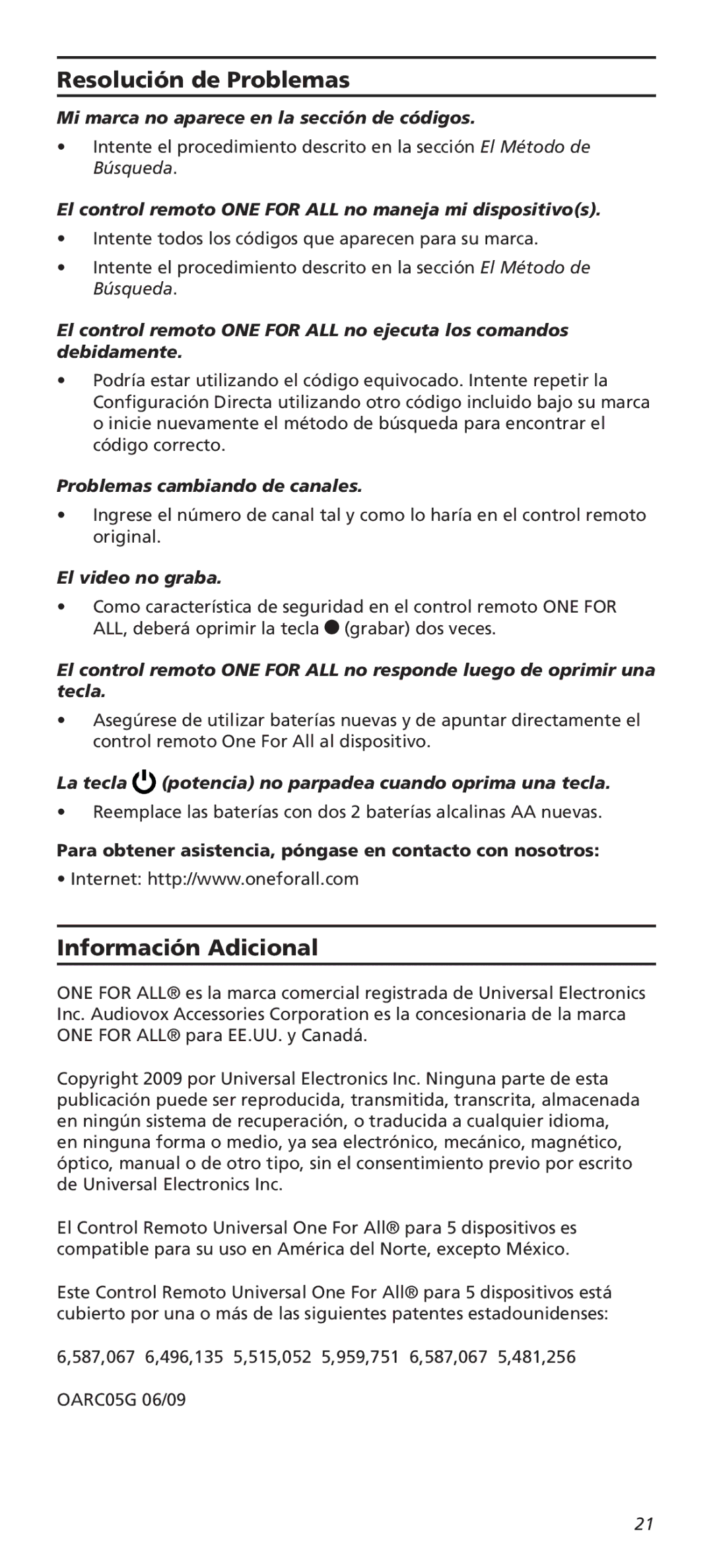 Universal Electronics OARC05G warranty Resolución de Problemas, Información Adicional 