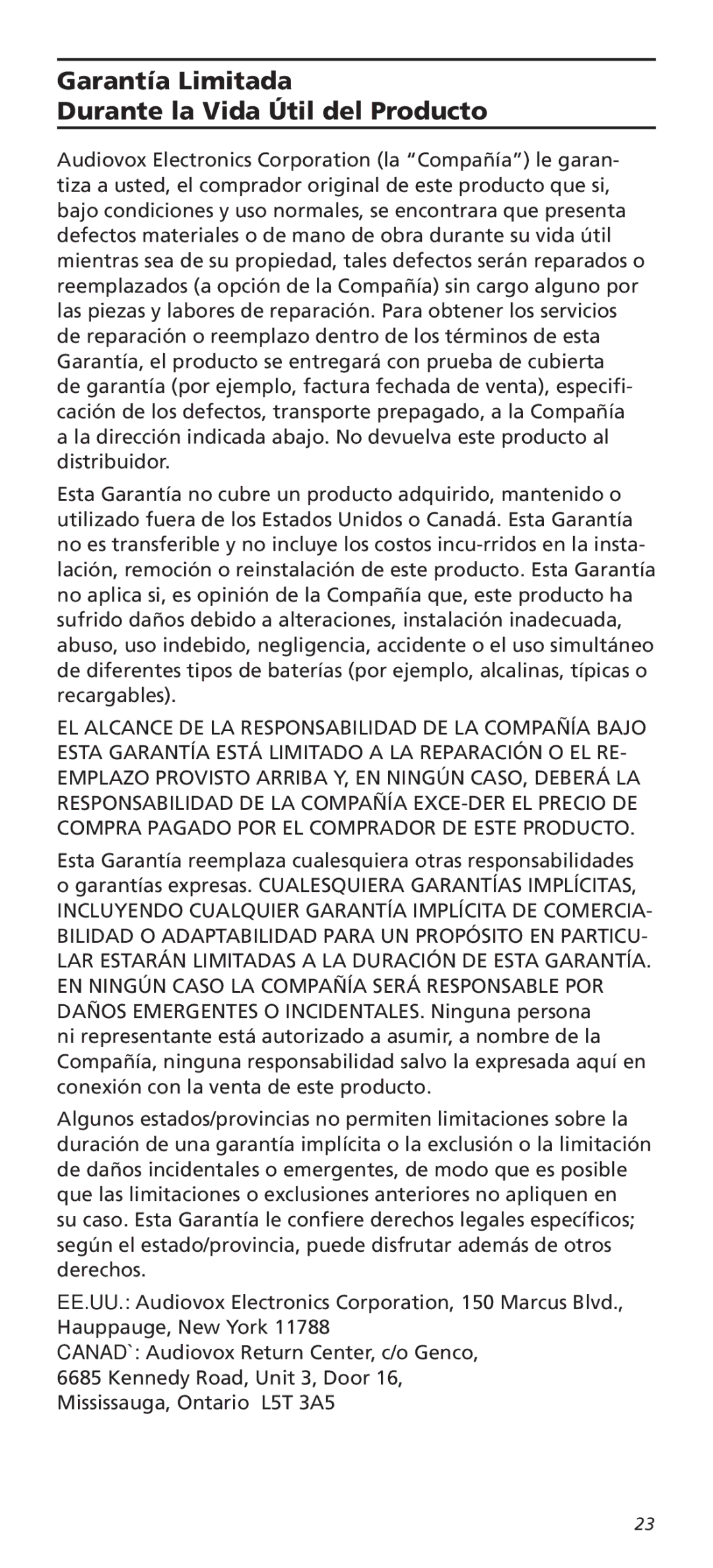 Universal Electronics OARC05G warranty Garantía Limitada Durante la Vida Útil del Producto 