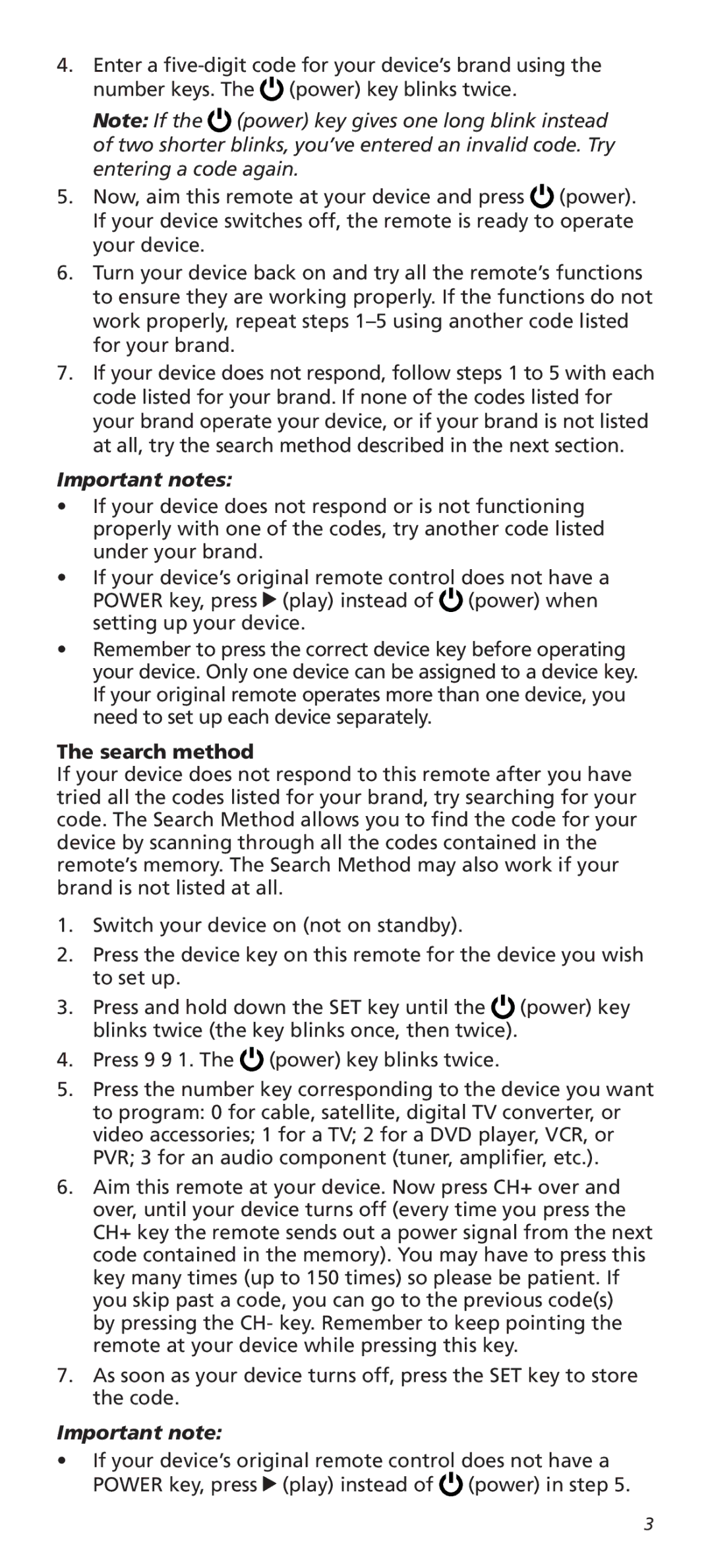 Universal Electronics OARC05G warranty Important notes, Search method 