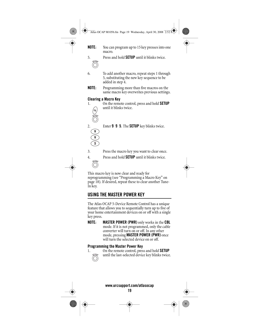 Universal Electronics OCAP 5 manual Using the Master Power KEY, Clearing a Macro Key, Programming the Master Power Key 