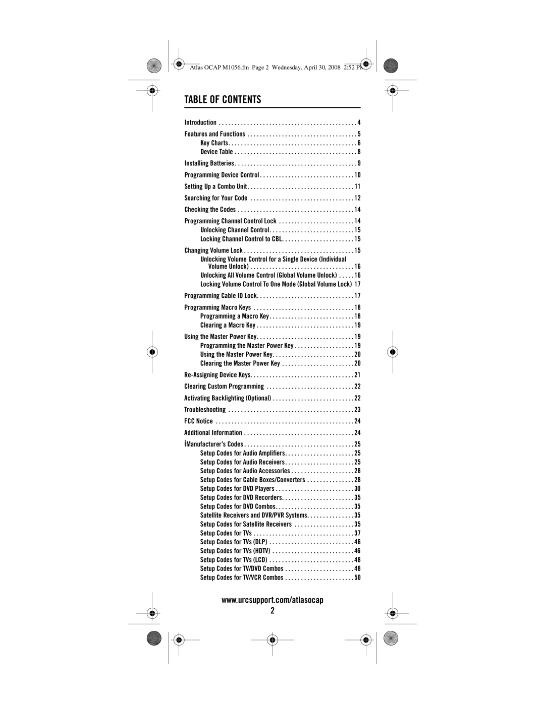 Universal Electronics OCAP 5 manual Table of Contents 