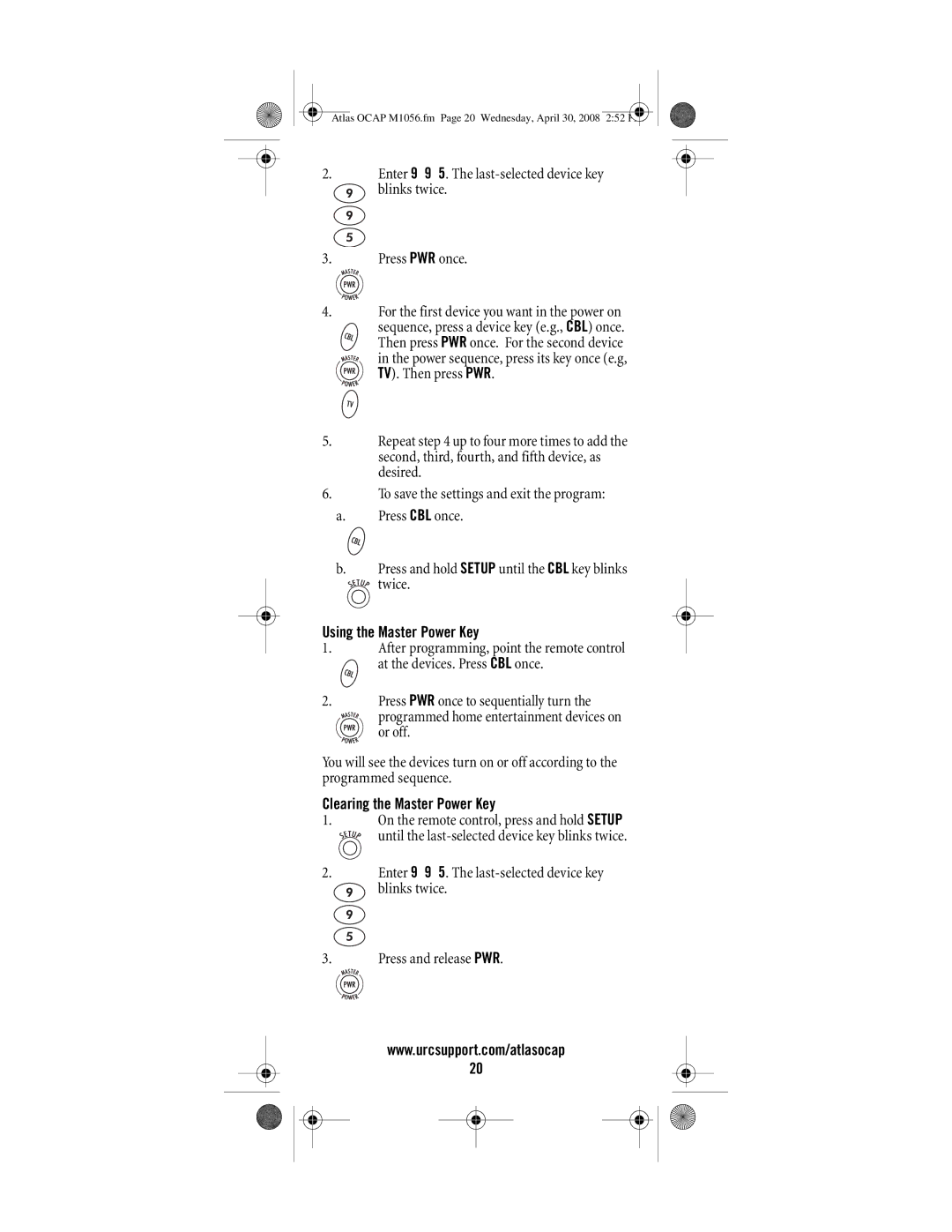 Universal Electronics OCAP 5 manual Using the Master Power Key, Clearing the Master Power Key 